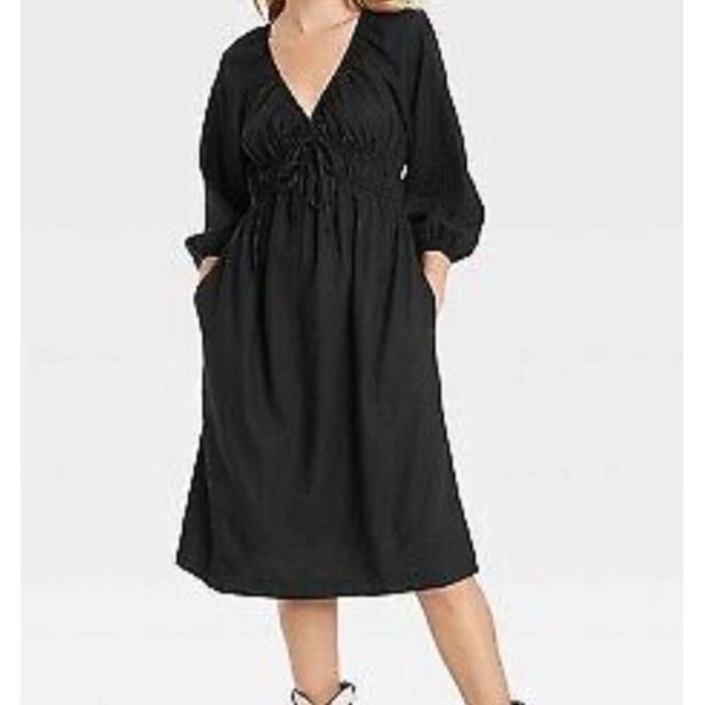 Women's Tie-Front Puff 3/4 Sleeve Midi Dress - Universal Thread size XS black